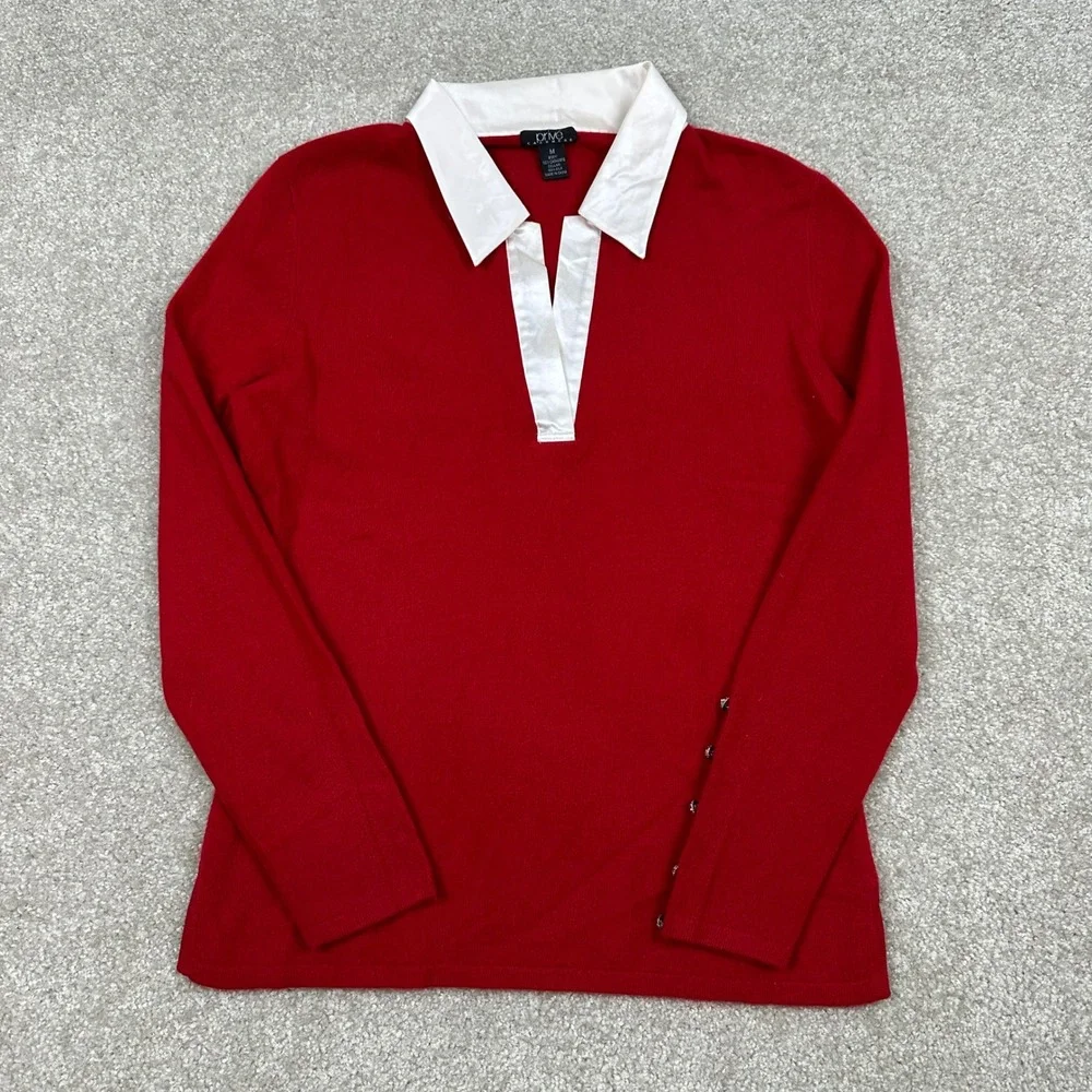 Prive Cashmere Red Silk Collar Sweater Rhinestone Button Cuff Polo Pullover M